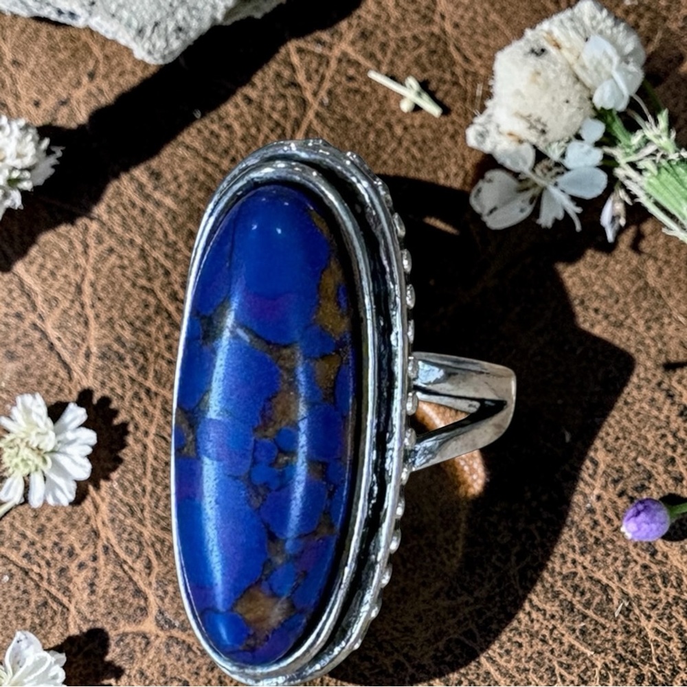 Long Oval Silver Blue Jasper Statement Ring - image 5